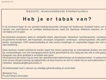 Advocate Bénédicte Ficq zoekt klokkenluiders tabaksindustrie