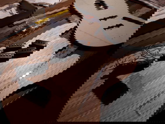 Bassist Willem te Molder maakte van houten verf-roerlatjes een gitaar!