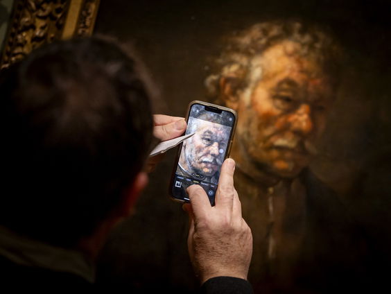 Op de foto met een schilderij van Rembrandt: 'Zit al op 312 selfies'