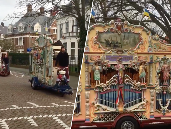 Kunstenaar Teun Castelein protesteerde met twee draaiorgels bij Russische ambassade